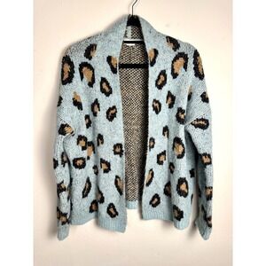Hem & Thread Blue Leopard Animal Print Angora Blend Cardigan Sweater Size S/M